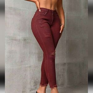 SHEIN Women's Burgundy Distressed Skinny Jeans